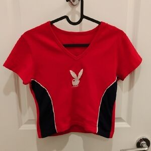 Playboy Bunny Red Blue and White Cropped V-Neck T-Shirt